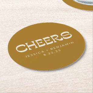Cheers Groovy Gold Typography Names Wedding Round Paper Coaster