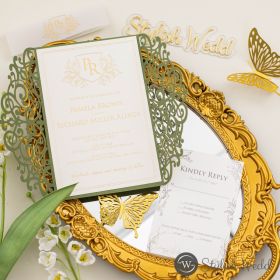 Chic Sage Green & Gold Floral Laser Cut Wedding Invitation Swws389