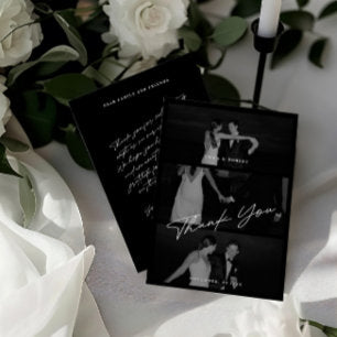 Chic Elegant Script Black 3 Photo Wedding Thank You Card