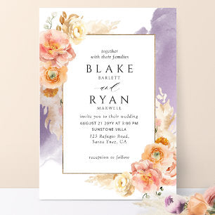 Chic Peach Blush Floral, Purple Watercolor Wedding Invitation