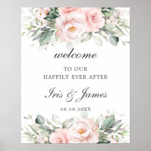 Chic Soft Blush Pink Roses Floral Wedding Welcome Poster