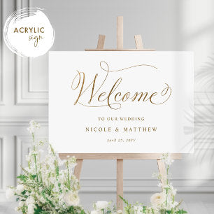 Chic White and Gold Wedding Welcome Acrylic Sign