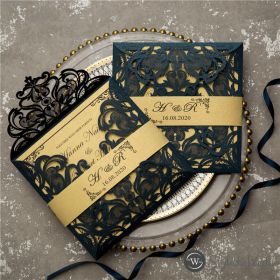 Classic Navy Blue And Gold Laser Cut Wedding Invitations With Belly Band Swws122