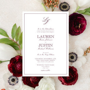 Classic Burgundy Script Monogram Wedding Invitation