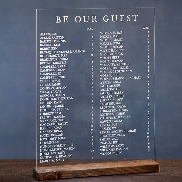 Clear Acrylic "Be Our Guest" Seating Chart Sign