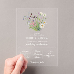 Clear Transparent Modern Wildflower Wedding Acrylic Invitations
