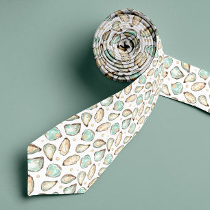 Coastal Watercolor Oyster & Pearl Pattern Neck Tie