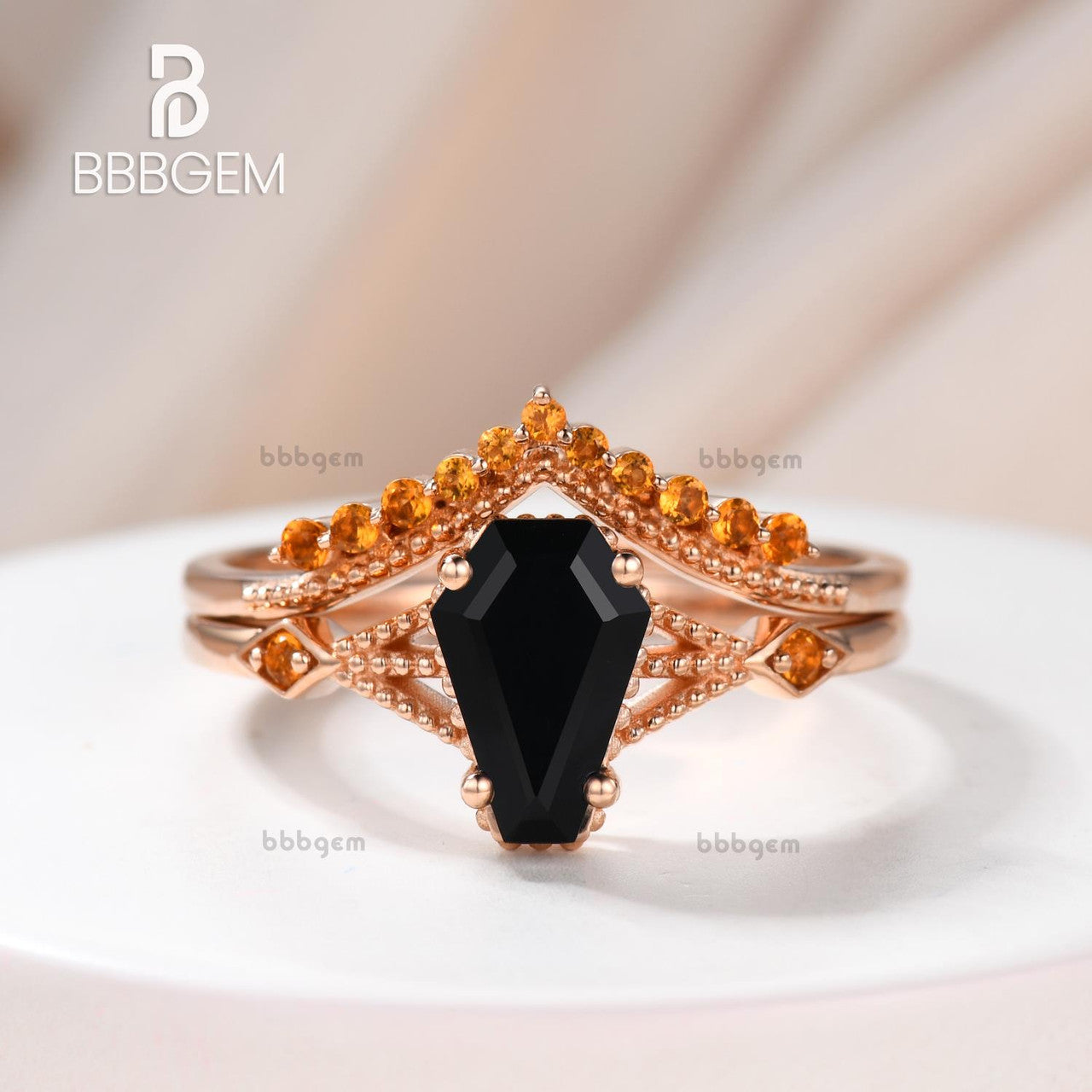 Him Black Spinel Coffin Wedding Ring Set With Yellow Citrine Milgrain Curve Band Gold