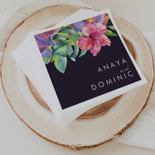 Colorful Tropical Floral Dark Purple Wedding Napkins