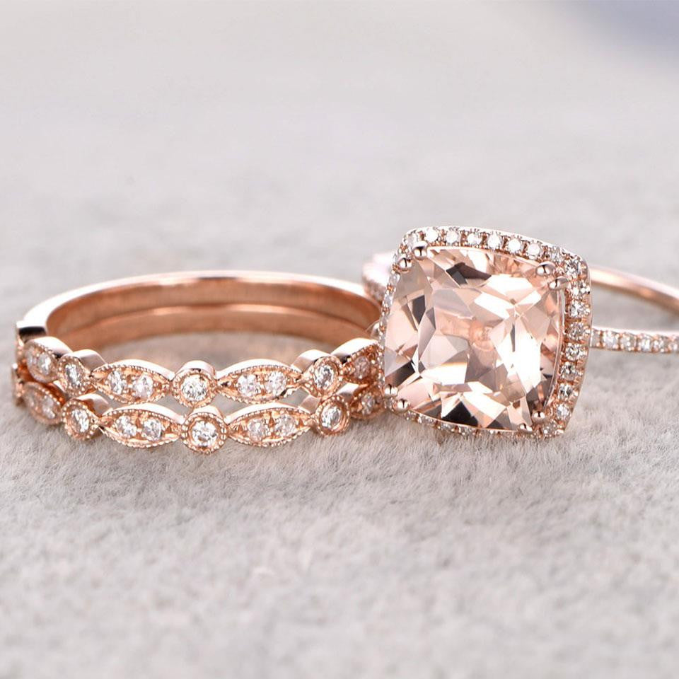 2.4 Carat Cushion Cut Peach Morganite Wedding Set Diamond Bridal Ring 14k Rose Gold Art Deco Half Eternity Band