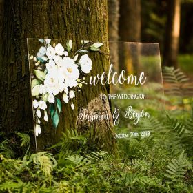 Custom Wedding Sign-Greenery & White Floral Acrylic Welcome Sign CS006
