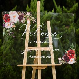 Custom Wedding Signs-Burgundy and Blush Pink Floral Acrylic Welcome Sign CS015