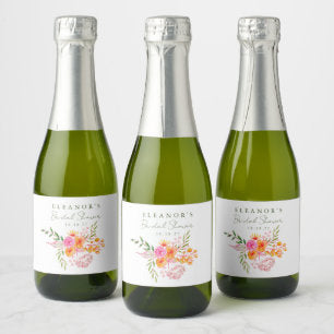 Cute Pink Orange Floral Watercolor Bridal Shower Sparkling Wine Label