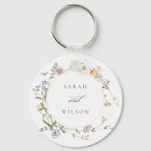 Cute Rustic Yellow Meadow Floral Wreath Wedding Keychain