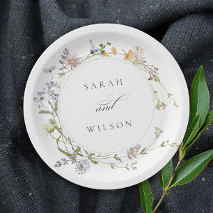 Cute Rustic Yellow Meadow Floral Wreath Wedding Paper Plates