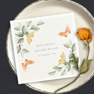 Cute Yellow Garden Foliage Butterflies Wedding Napkins