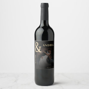 Dark Faded Photo & Gold Ampersand Black Wedding Wine Label