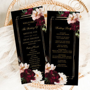 Dark Moody Burgundy Blush Black Floral Wedding Program