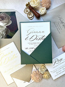 Emerald Shimmer Pocket Gold Foil Wedding Invitations 303
