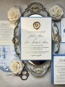 Gold Foil and Dusty Blue Vintage Wedding Invitations