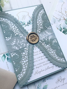 Dusty Blue Shimmer Laser Cut Lace Gatefold Wedding Invitations Greenery Crest