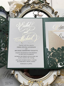 Emerald Green Laser Cut Gold Foil King Pocket Wedding Invitations 900