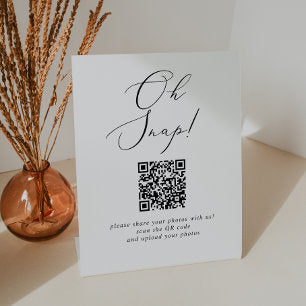 Delicate Black Calligraphy Oh Snap QR Code Wedding Pedestal Sign