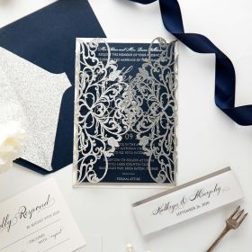 delicate laser cut wedding invitations with silver mirror belly band CLCI018