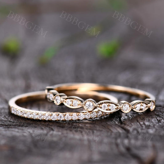 2pcs Diamond matching band in 14k rose gold/Milgrain wedding ring/Art deco marquise/Half eteniry ring/Milgrain edge anniversay ring/Pave set