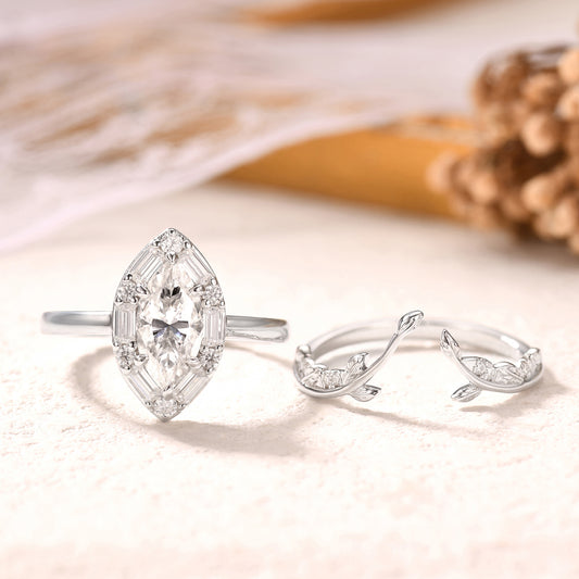 1 carat Lab Grown Marquise Diamond Bridal Ring Set with Moissanite Wedding Band