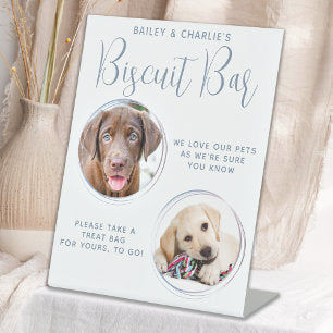 Dog Wedding Favor Dusty Blue Pet Photo Biscuit Bar Pedestal Sign