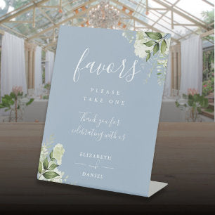 Dusty Blue Elegant Floral Greenery Favors Pedestal Sign