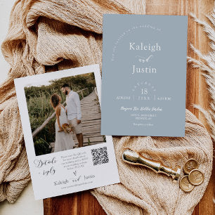 Dusty Blue Minimalist Wedding QR Code Photo Invitation
