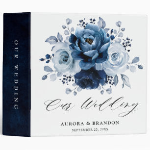 Dusty Blue Slate Navy Floral Botanical Wedding 3 Ring Binder