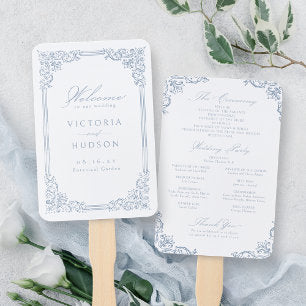 Dusty Blue Vintage Frame Elegant Wedding Program Hand Fan
