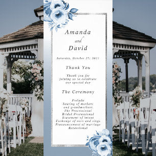 Dusty blue white silver floral wedding program