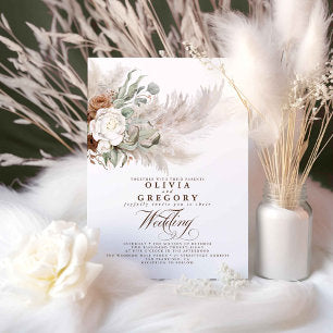 Earthy Flowers and Pampas Grass Bohemian Wedding Invitation