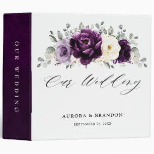 Eggplant Purple Plum Ivory White Floral Wedding 3 Ring Binder