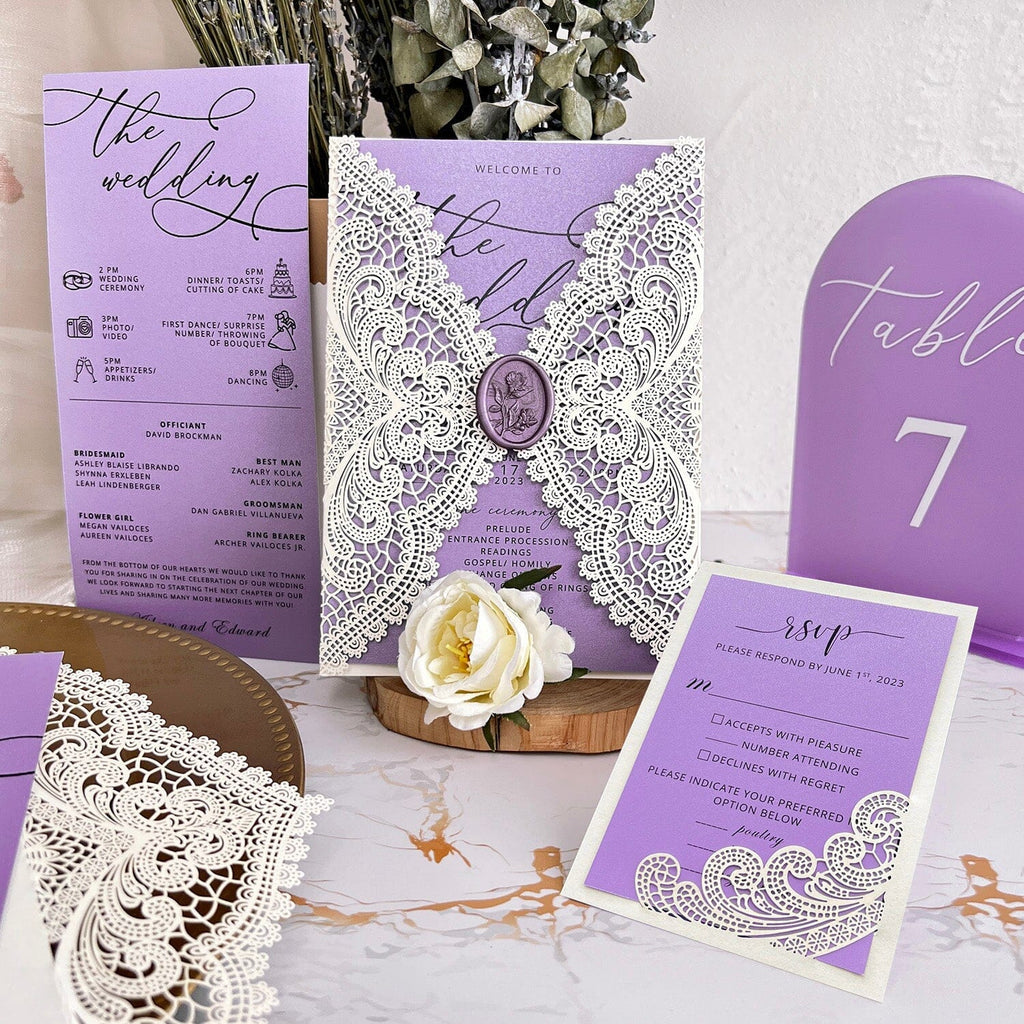 Elegant Lavender Wedding Invitation, Customized Lace Invite Cards, Wedding Ceremony Program