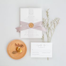 Elegant Vellum Wedding Invitations With Taupe Ribbon And Custom Wax Seal Swpi128