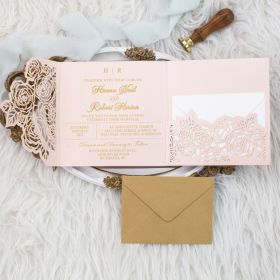 Gold Foil Clear Acrylic Wedding Invitations With Tri-Fold Blush Laser Cut Pocket CAPL021