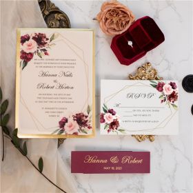 Boho Burgundy Floral Vellum Wedding Invitations with Gold Backing Cards CI478