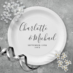 Elegant Black And White Signature Script Wedding Paper Plates