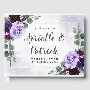 Elegant Boho Airy Floral Purple and Silver Wedding Guest Book