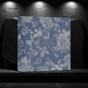 Elegant Botanical Dusty Blue Silver Floral Photo 3 Ring Binder