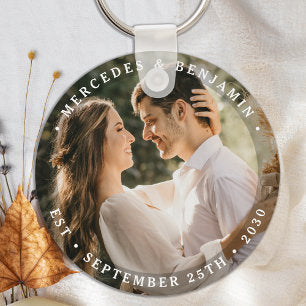 Elegant Bride Groom Modern Photo Name Date Wedding Keychain