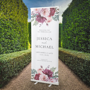 Elegant Burgundy Pink Floral Wedding Welcome Retractable Banner