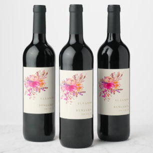 Elegant Chic Pink Watercolor Floral Wedding Custom Wine Label