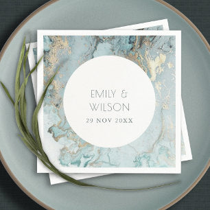 ELEGANT CLASSY AQUA DUSKY BLUE GOLD AGATE WEDDING NAPKINS
