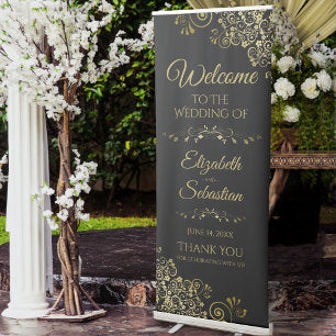 Elegant Classy Black & Gold Lacy Wedding Welcome Retractable Banner